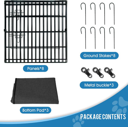 Dog Pen Pet Playpen Dog Fence Indoor Foldable Metal Wire Exercise Puppy Play Yard Pet Enclosure Indoor Outdoor 8 Panels 24 Inch with Bottom Pad/Top Cover (Black with Bottom pad)