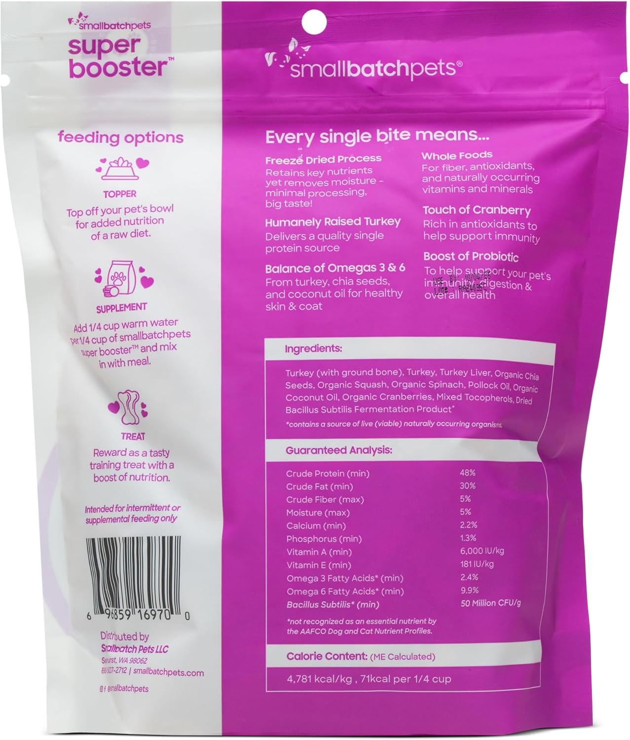 Smallbatch Freeze Dried Dog Treats, Superfood Food Topper Turkey Bites for Dogs & Cats, Probiotics, Organic Ingredients, High Protein, Grain Free Healthy Treat & Food Topper, Made in the USA, 7 oz Bag