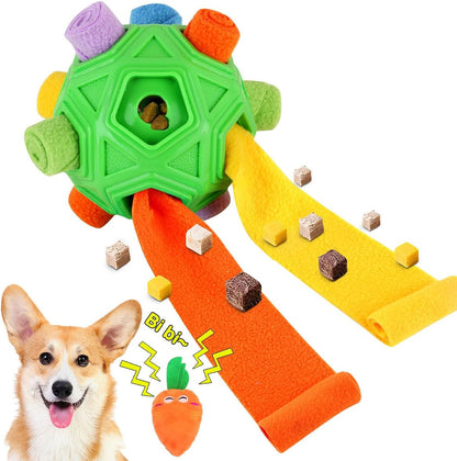 Dog Snuffle Ball-Interactive Puzzle Dog Toys Encourage Natural Foraging Skills Slow Feeder for Training and Stress Relief, Cloth Strip Hiding Food Chew Toys with Squeaky Carrot Toy for Any Size