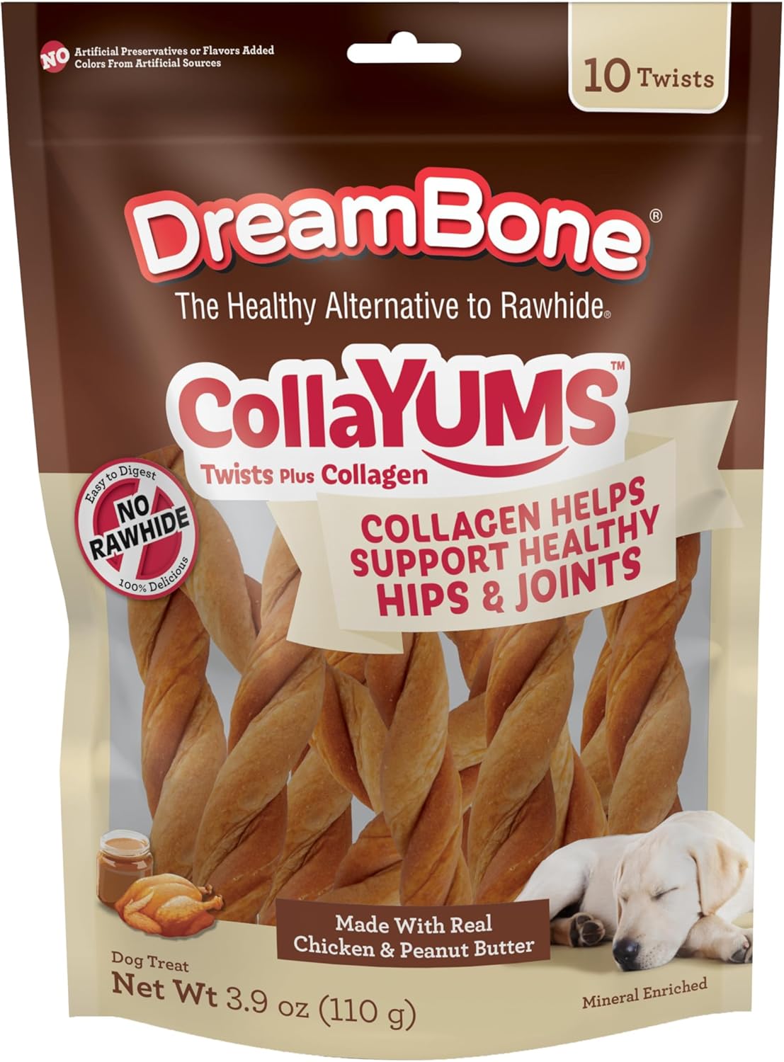 DreamBone CollaYUMS Twists Plus Collagen Chews for Dogs, 10 Count, Treat Your Dog to Rawhide-Free Chews Made with Chicken, Vegetables and Peanut Butter