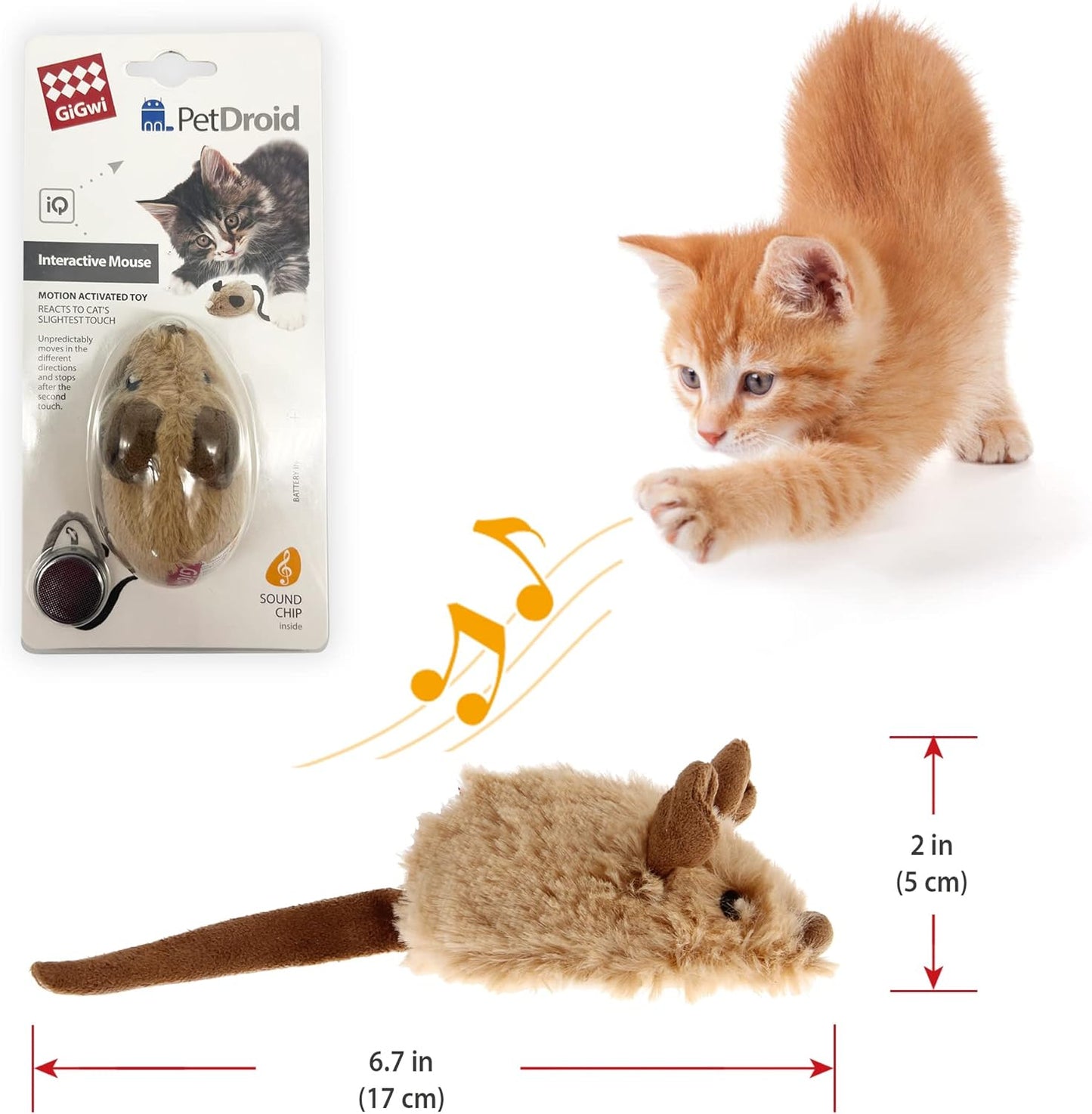 Gigwi Interactive Cat Toy Mouse, Moving Automatic Cat Toys Mice Electronic with Furry Tail, Automatic Squeaky Cat Toys for Kitten Indoor/Outdoor Exercise (Brown-Ear)