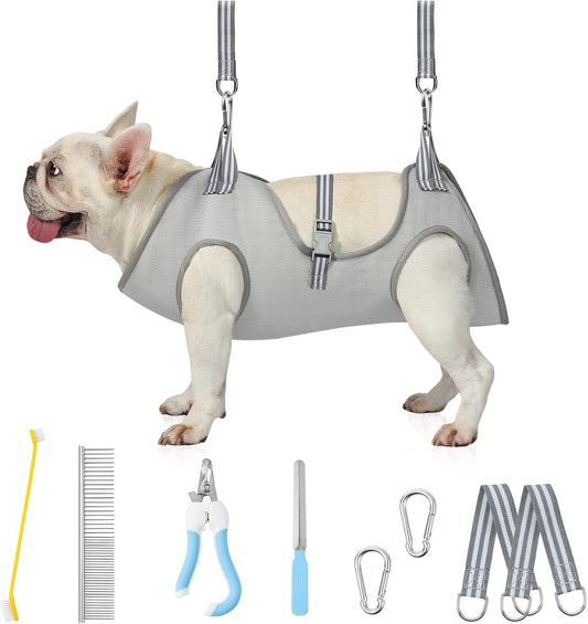 Stress-Free Dog Grooming Hammock Harness Kit - Secure Nail Trimming Sling for Cats & Dogs w/Safety Clipper, Adjustable Straps - Home Vet-Grade Care for Small/Medium/Large Pets
