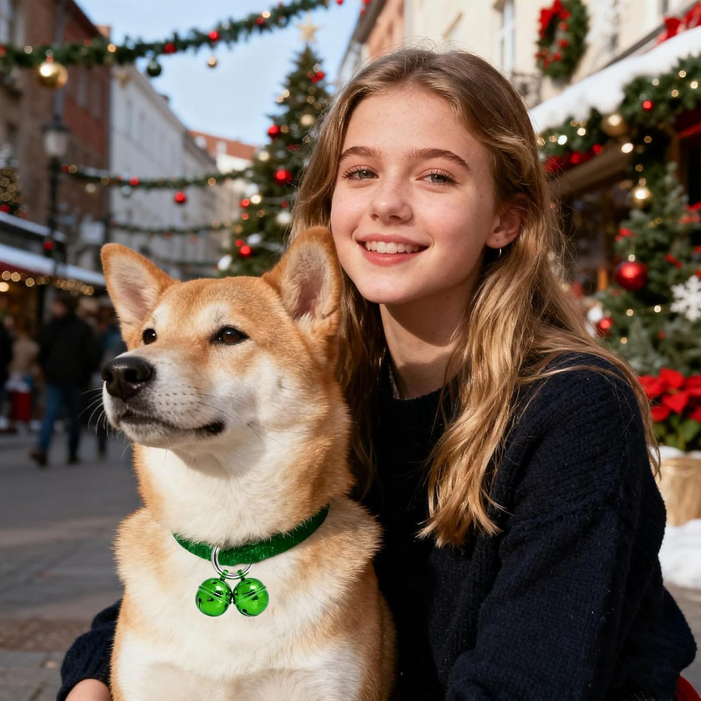 Loud Dog Collar Bells, Durable Pet Red And Green Bells Tracker for Large Dogs, 4 Christmas Copper Bells and 2 Leather Button Strap for Outdoor Safety, Pet Tracking, Hiking, Walking (Red Green)