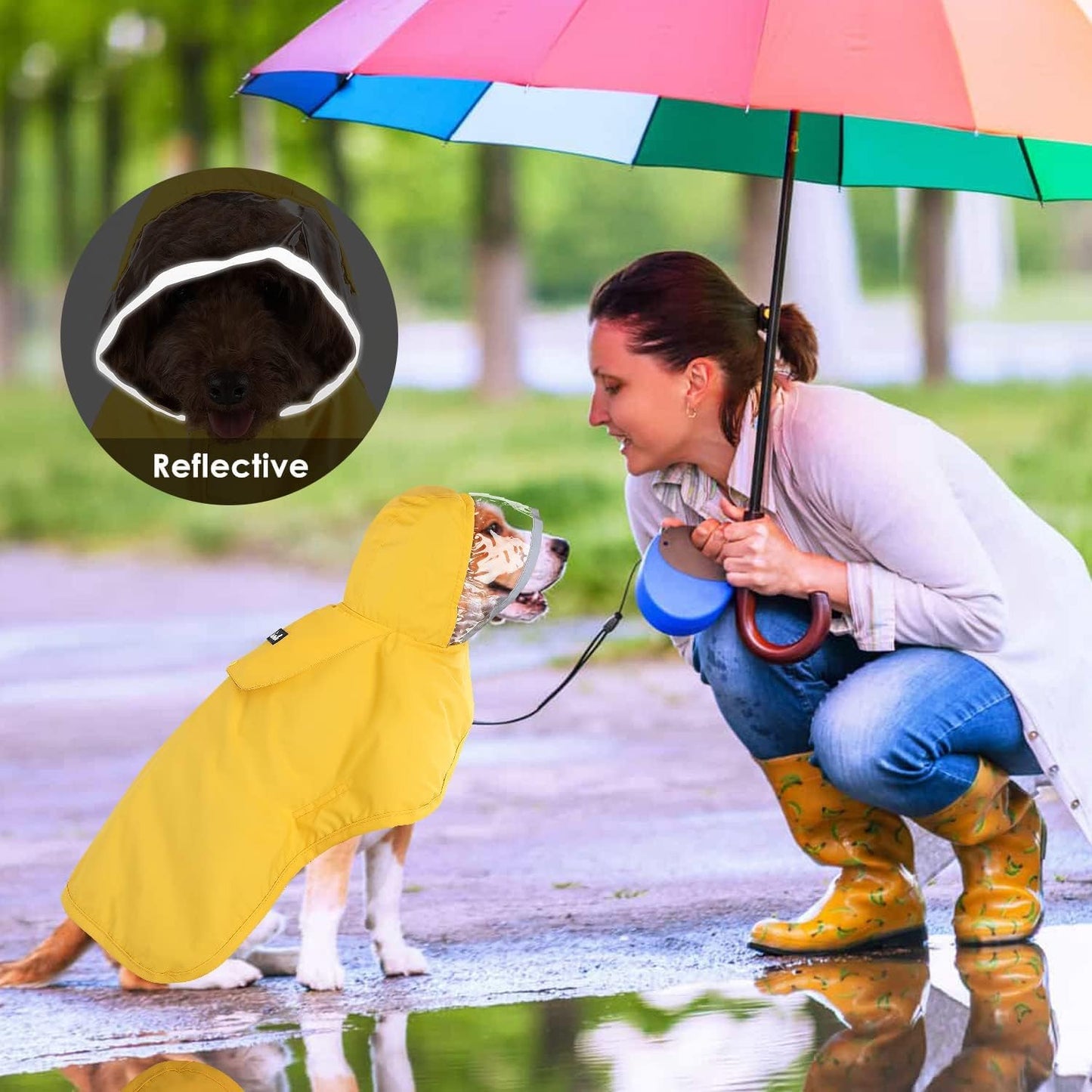 Lukovee Dog Raincoat, Adjustable Dog Rain Jacket with Clear Hooded Double Layer for Large Medium Small Dogs Puppies, Waterproof Rain Coat Poncho with Reflective Storage Pocket & Rim (Yellow,M)