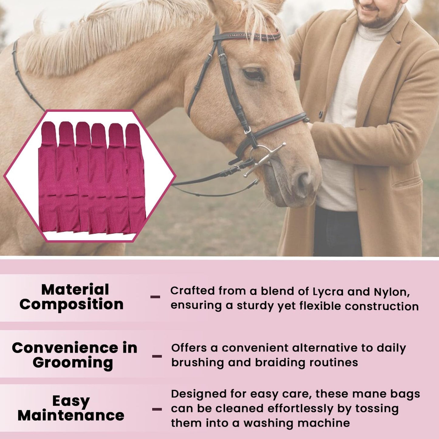 Ranch Hand Horse Mane Bags | 6 Pack | Horse Tack/Supplies | Protect Horse's Mane from Wind, Sun, Mud, Preventing Tangles, Rubbing Out, and Breakage | Handmade Mane Care Product (MAROON)