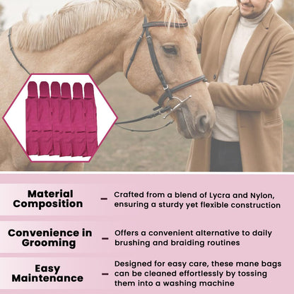 Ranch Hand Horse Mane Bags | 6 Pack | Horse Tack/Supplies | Protect Horse's Mane from Wind, Sun, Mud, Preventing Tangles, Rubbing Out, and Breakage | Handmade Mane Care Product (MAROON)