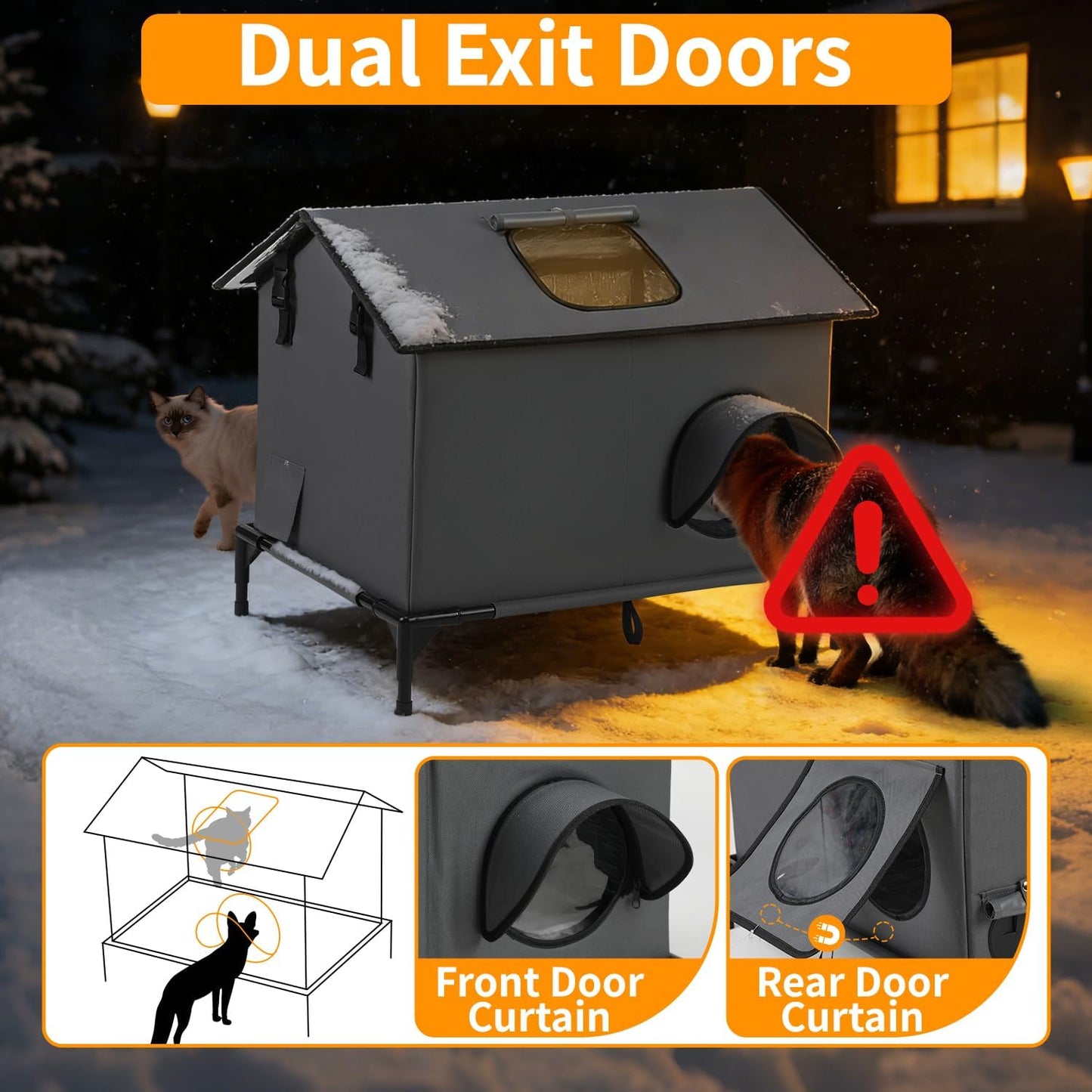 Large Heated Cat House for Outside, Weatherproof Insulated Indoor Outdoor Cat House with Adjustable Heating Pad, Escape Door & Elevated Base, Warm Shelter for Feral Stray Barn Cats, 25”Lx19”Wx22”H