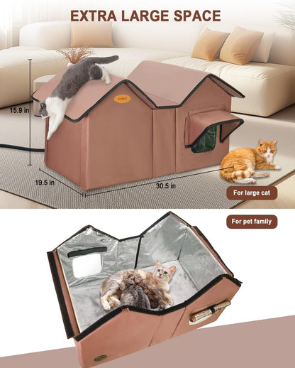 Heated Cat House for Outside Cats in Winter, Extra Large Heated Outdoor Cat House Weatherproof Insulated with Elevated Base & Escape Door, Waterproof Cat Shelter for Multiple Cats Feral Stray Kitty