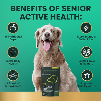 VetriScience Senior 27+ Active Health Chews, Canine Plus Daily Multivitamin for Senior Dogs, Balanced Vitamins, Minerals and Antioxidants, Healthy Aging and Wellness Support, Veggie, 60 Count