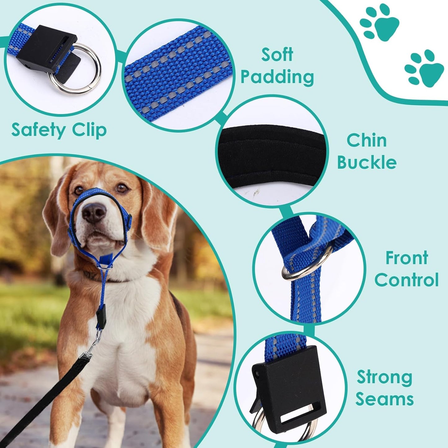 Dog Head Collar, Adjustable Dog Mouth Guard, Reflective Dogs Mouth Harness with Padded Nose Band, No Pull Head Collar Soft Dogs Muzzle for Medium Large Pets (Blue, L (Snout: 11.6"-14.8"))