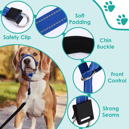 Dog Head Collar, Adjustable Dog Mouth Guard, Reflective Dogs Mouth Harness with Padded Nose Band, No Pull Head Collar Soft Dogs Muzzle for Medium Large Pets (Blue, L (Snout: 11.6"-14.8"))