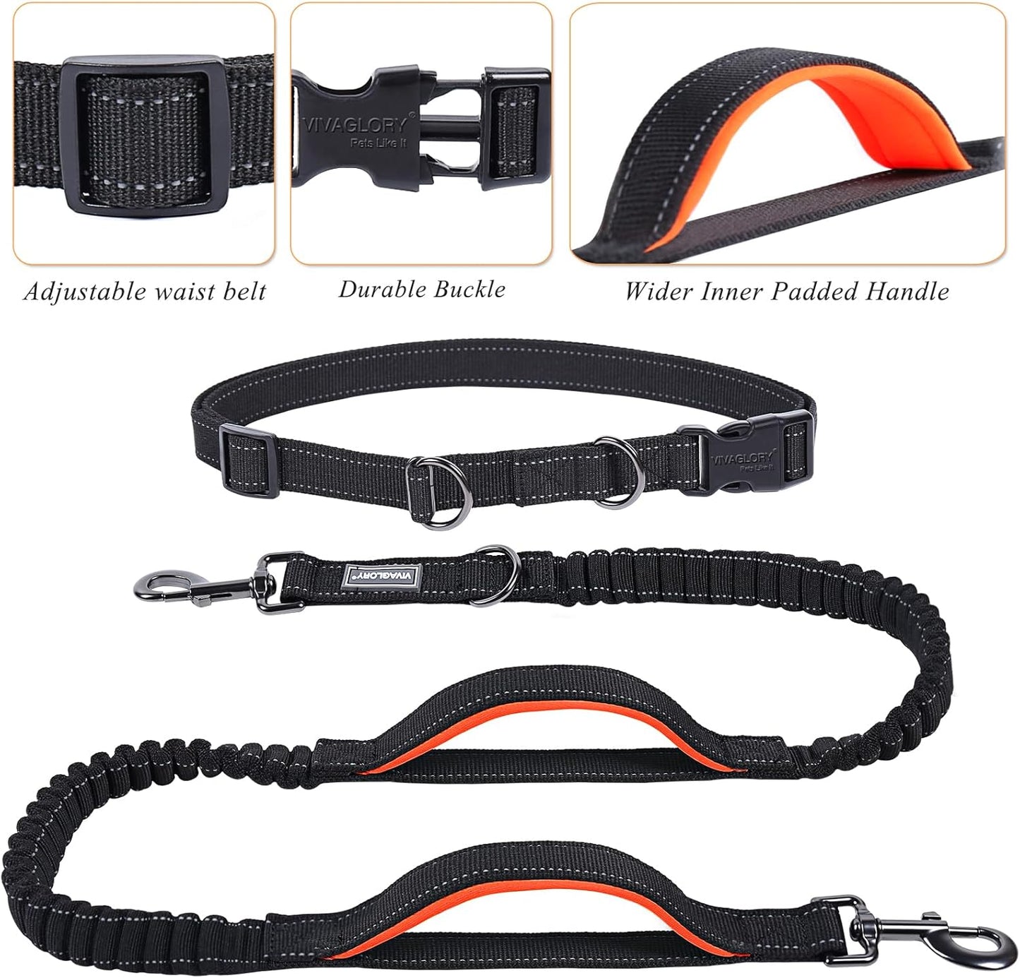VIVAGLORY Hands Free Dog Leash + Dog Coat, Running Waist Leash with Belt for Running Walking, Warm Fleece Lined Reflective