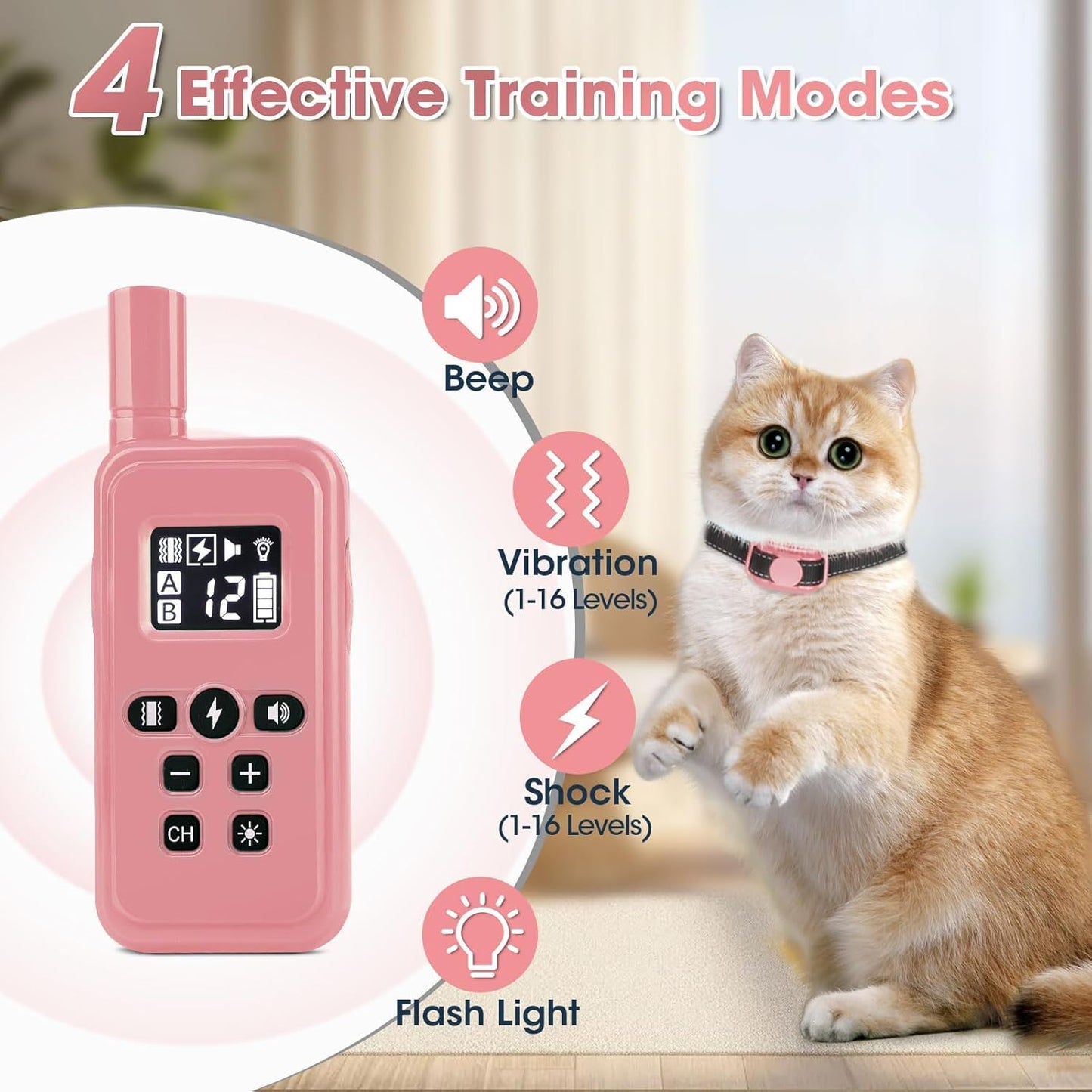 Cat Shock Collar Smallest Cat Training Collar with Remote 2000ft Range Electric Cats Bark Collar with Shock, Vibration, Beep 3 Modes to Stop Meowing, Waterproof, Rechargeable,Pink