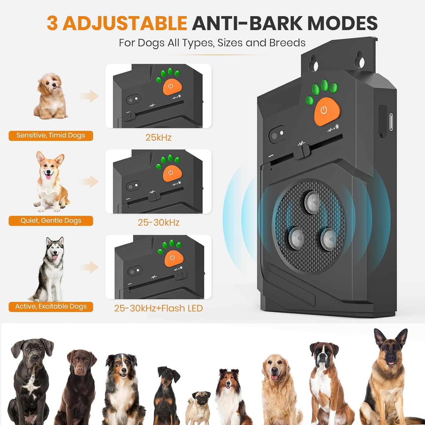 Anti Barking Device for Dogs, 3X Ultrasonic Dog Bark Deterrent Devices with 3 Modes, 50Ft Range Anti Bark Box, IP56 Waterproof Ultrasonic Dog Barking Deterrent Indoor Outdoor Use