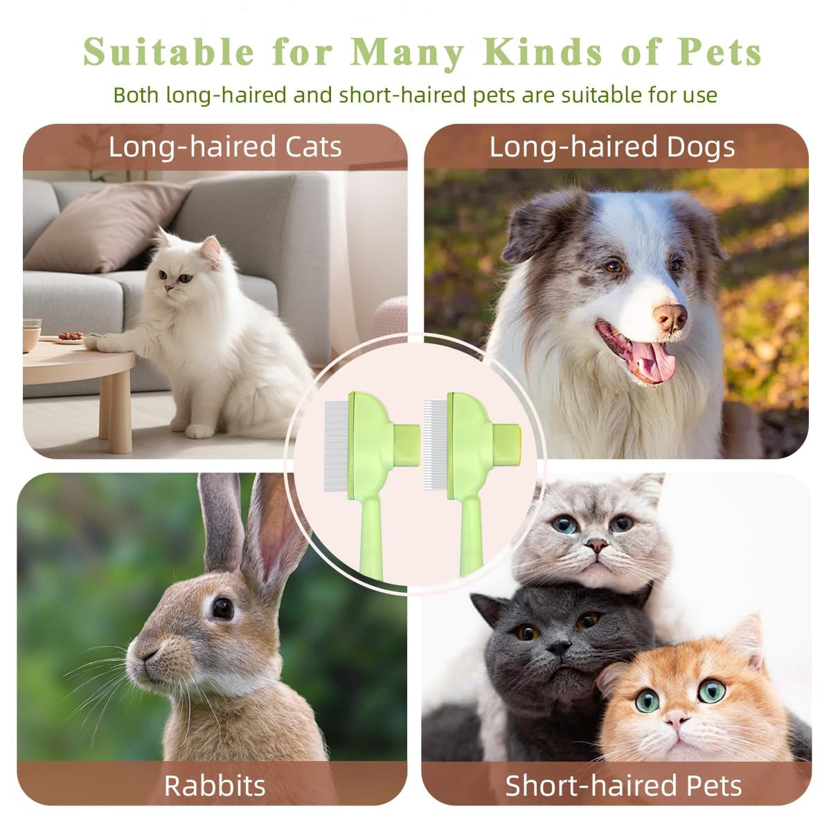 TerraKin 2-Pack Flea Comb for Dogs & Cats, One-Click Self-Cleaning Pet Grooming with Release Button, Long & Short Stainless Steel Teeth for Deshedding, Removing Fleas & Massaging,Green