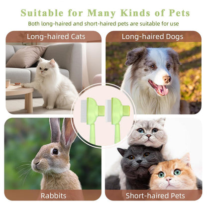 TerraKin 2-Pack Flea Comb for Dogs & Cats, One-Click Self-Cleaning Pet Grooming with Release Button, Long & Short Stainless Steel Teeth for Deshedding, Removing Fleas & Massaging,Green