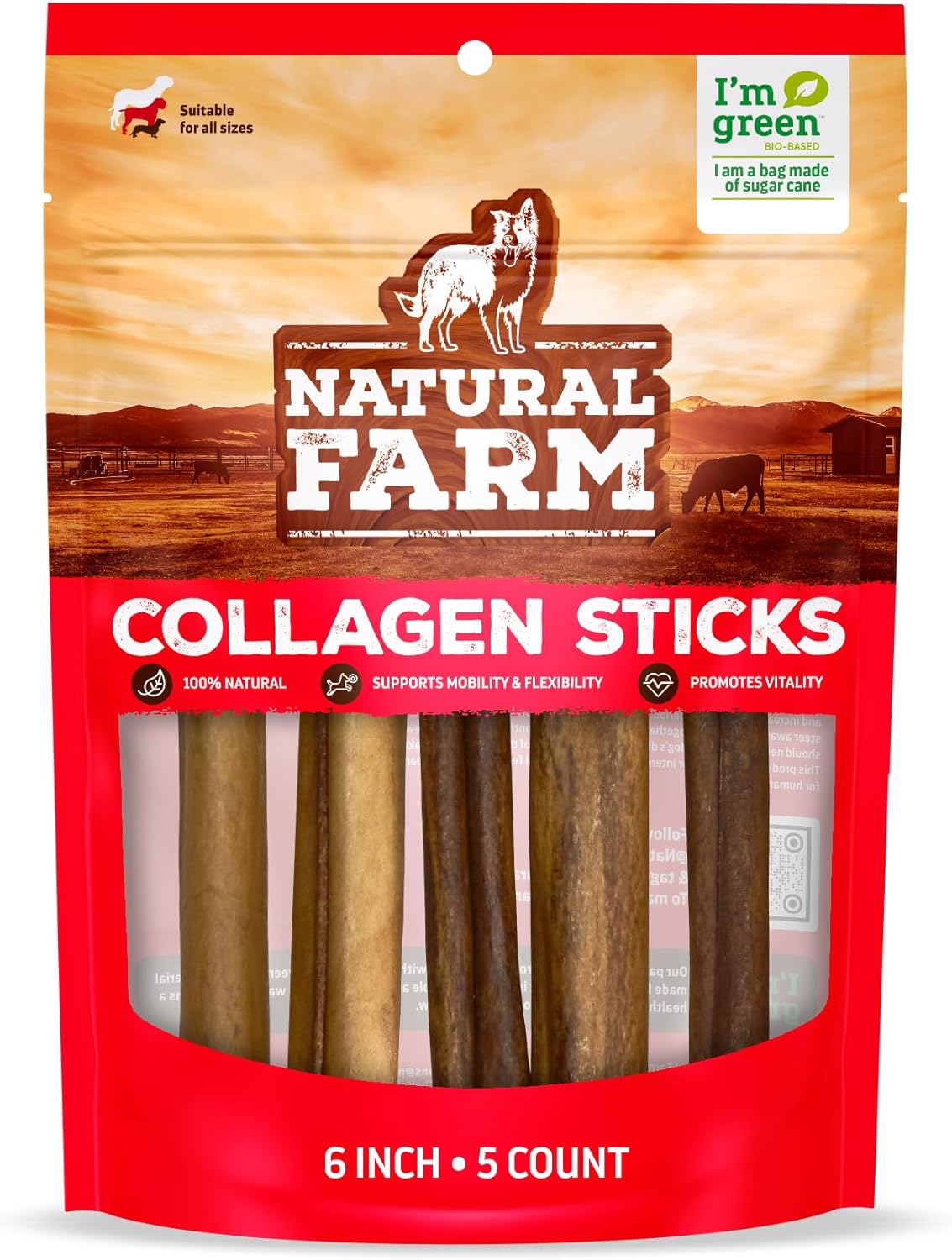 Natural Farm Collagen Sticks 6-Inch Dog Chews - Odor-Free, 95% Natural Collagen Supports Healthy Joints, Skin & Coat - Small, Medium Dogs – Lasts 20% More (6 inch, 5 Pack)
