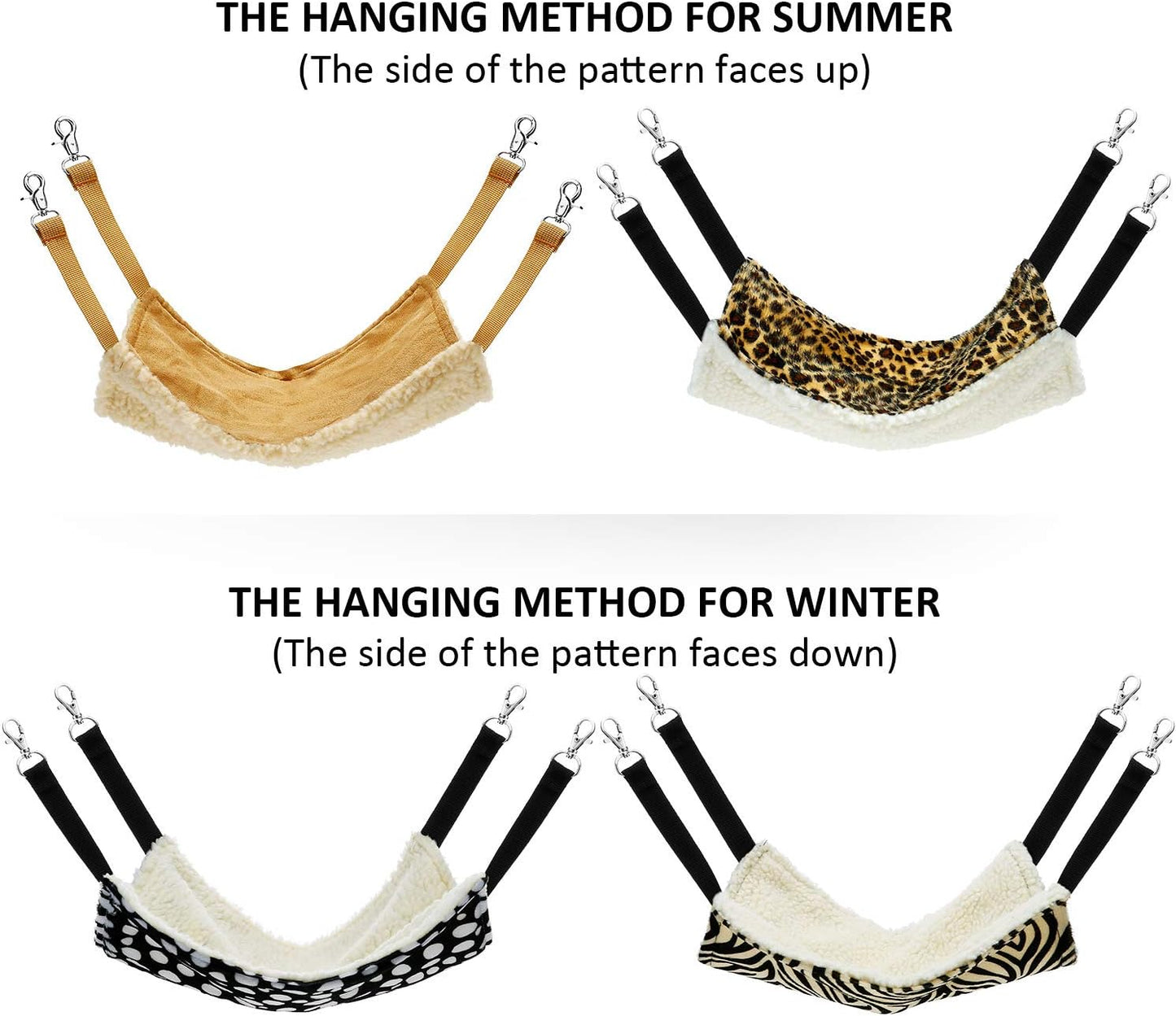 Boao 4 Pcs Guinea Pig Hammock Rat Hammock for Cage Small Animals - Chinchilla Parrot Sugar Glider Ferret (Leopard, Zebra, Black and White Dots, Camel)