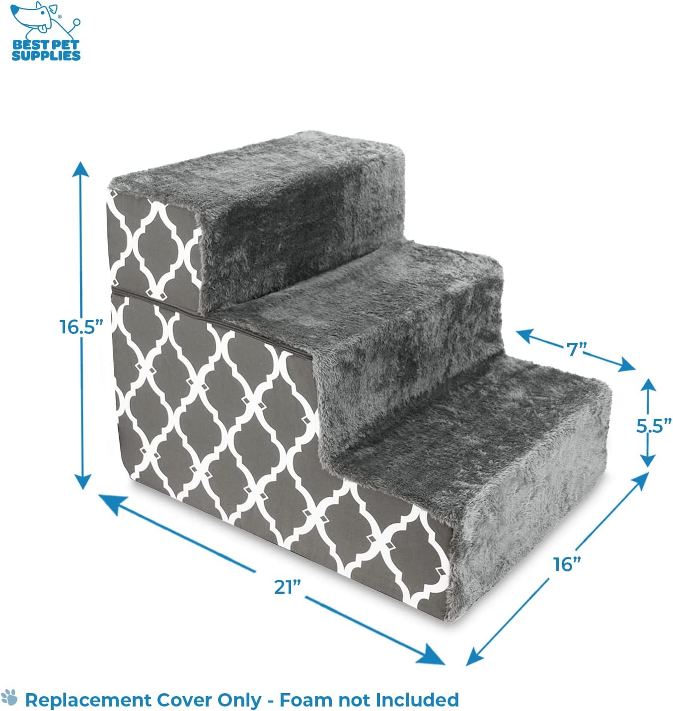 Best Pet Supplies Non-Slip Foam Dog Stair & Pet Ramp, Balanced Indoor Step Support - Foldable Stair Cover, Gray Lattice, 3-Step