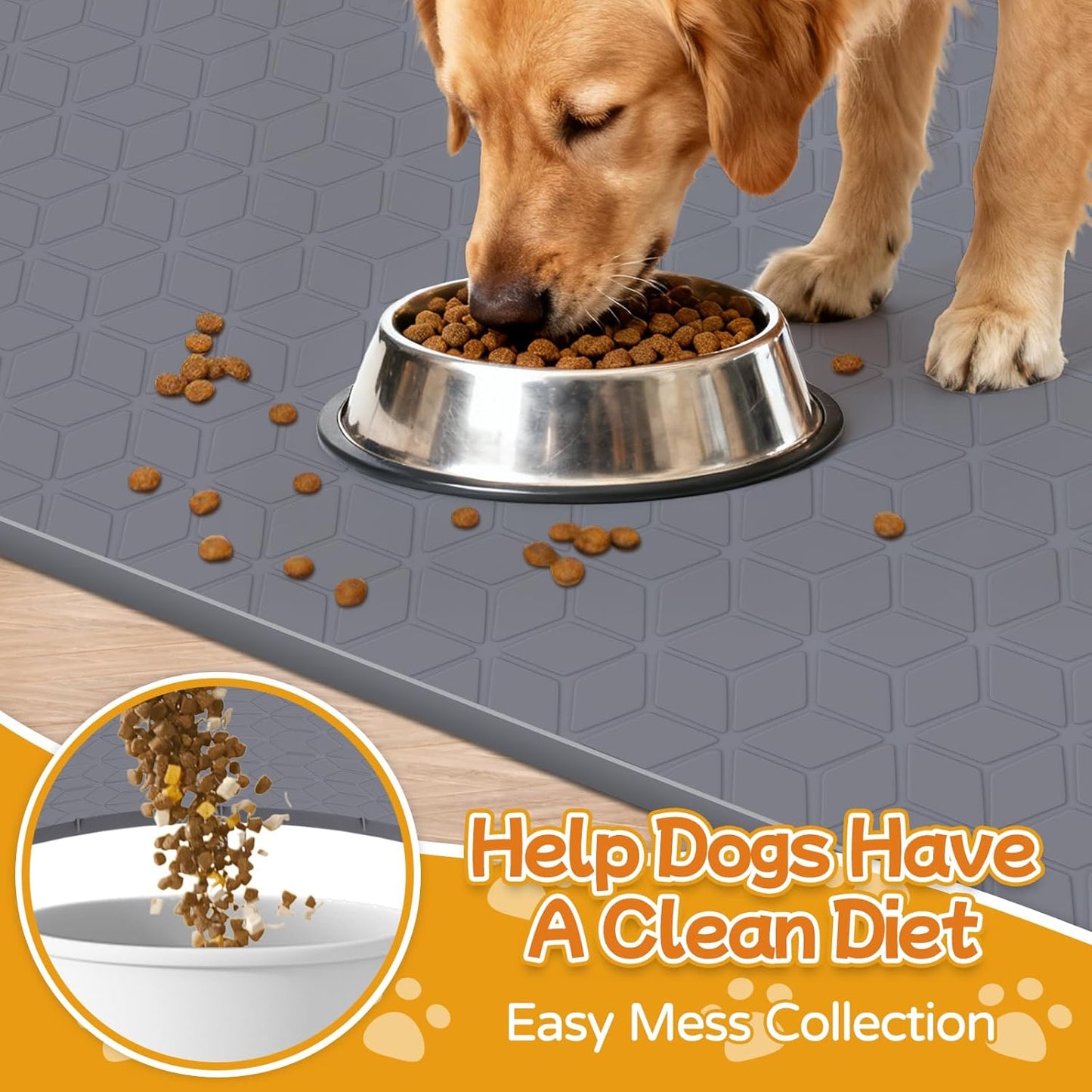 Lanstics Dog Food Mat, 34" x 22" Large Silicone Mat Dog Feeding Mat with Raised Edge Non-Slip Pet Feeding Mat for Food and Water Bowl, Easy to Clean, Floor Protection (Gray)