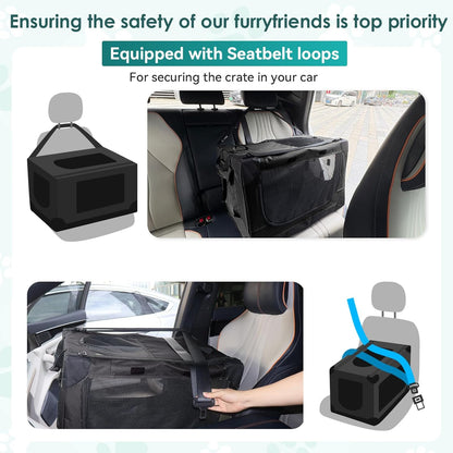 Soft Small Dog Crate - 24 inch Portable Travel Puppy Crate for Small Pets or 2 Cats, Collapsible Pet Carrier with 4 Mesh Doors, Car Kennel for Dogs with Handle for Indoor and Outdoor, Black