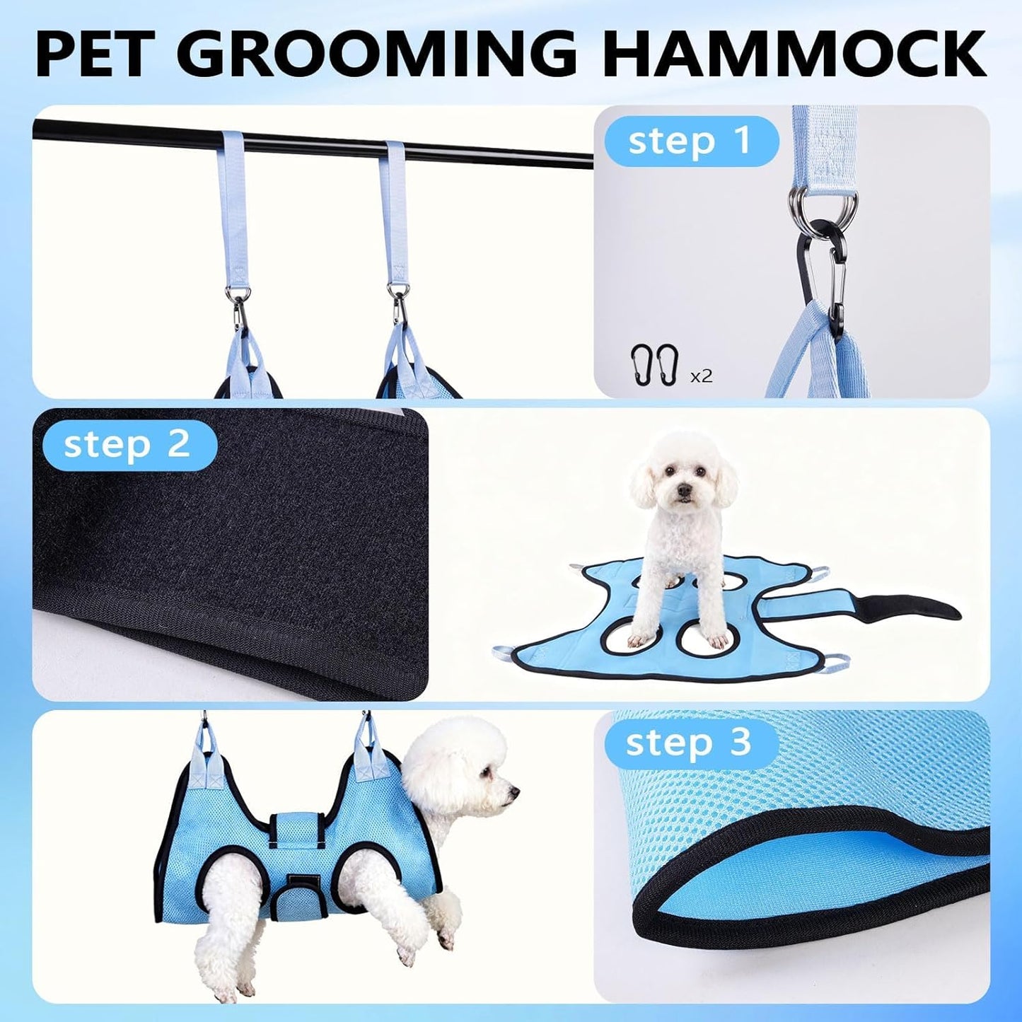 Dog Grooming Hammock, Cat/Small Dog Hammock for Nail Trim, Hanging Harness for Claw Care,Grooming Sling Holder Hanger with Thick Fabric Neck Support Wide Strap Restraint (Blue)