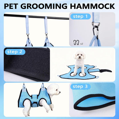 Dog Grooming Hammock, Cat/Small Dog Hammock for Nail Trim, Hanging Harness for Claw Care,Grooming Sling Holder Hanger with Thick Fabric Neck Support Wide Strap Restraint (Blue)