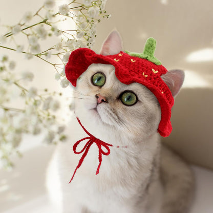 Strawberry Cat Hat, Cotton & Soft Cute Knitted Hats for Cats Birthday Party Christmas Puppy Hat for Small Pets (Red, M)