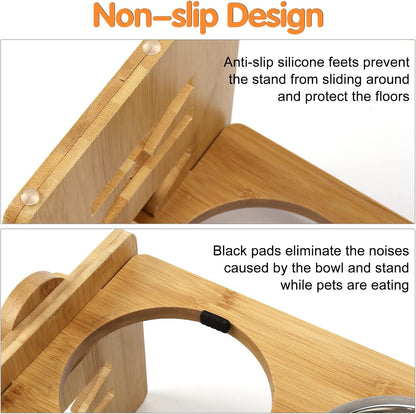 Elevated Dog Bowls, Adjustable Raised Tilted French Bulldog Food Water Bowl, Slanted Bamboo Pet Feeding Station with Stainless Steel Bowl for Small & Medium Dogs, Cat Kitten Flat Faced Puppy Feeder