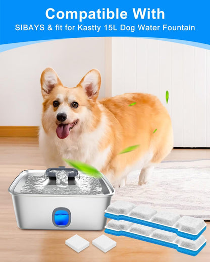 6 Set Pet Water Fountain Filter Replacement Kit Compatible with SIBAYS 15L/4Gal, Fit for Kastty Dog Water Fountain Stainless Steel, 6 Pre-Filter+6 Filters+6 Sponges