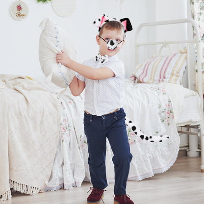 XEPST Animal Dalmatian Costume Kids Set, Dog Ears and Tail Set with Dalmatian Ears Headband and Dog Tail for Animal Costume Cosplay Birthday World Book Day Halloween Fancy Dress Party, Black and White