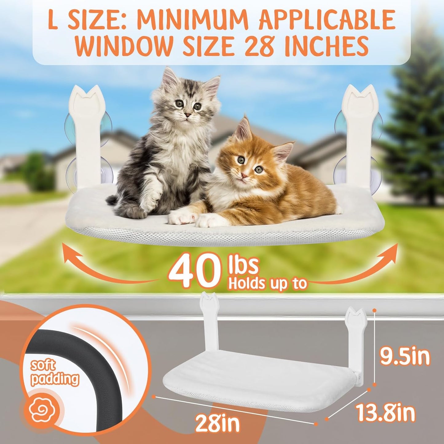 2 Pack Large Size Cat Window Perch,Cat Window Hammock Cordless Foldable Window Bed with 4 Large Strong Suction Cup,Reversible Cushion Cover,Metal Frame Easy to Adjust Window Seat (White，L)