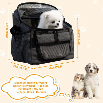 Dog Bike Basket Carrier, Foldable Soft-Sided Pet Carrier Backpack with Mesh Windows, Pet Travel Bag,Dog Backpack Carrier Safe and Easy for Small Medium Cats and Dogs (Grey)