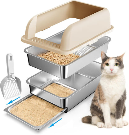 23.6"x16"x12" Stainless Steel Sifting Litter Box with Lid, XL Sifting Litter Box for Pine Pellets Less Tracking, High Sides Metal Litter Tray with Removable Drawer Pan, Anti-Leakage, Easy Cleaning