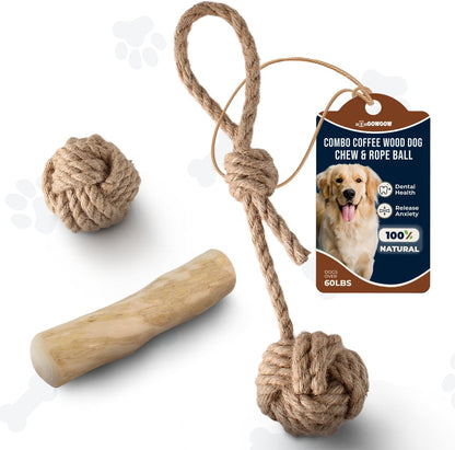3Pcs Natural Coffee Wood Dog Chew and Hemp Ball Toys for Large & XL Dog Over 70lbs - 100% Organic Toys for Teeth Cleaning, Reduces Stress, Mental Stimulation