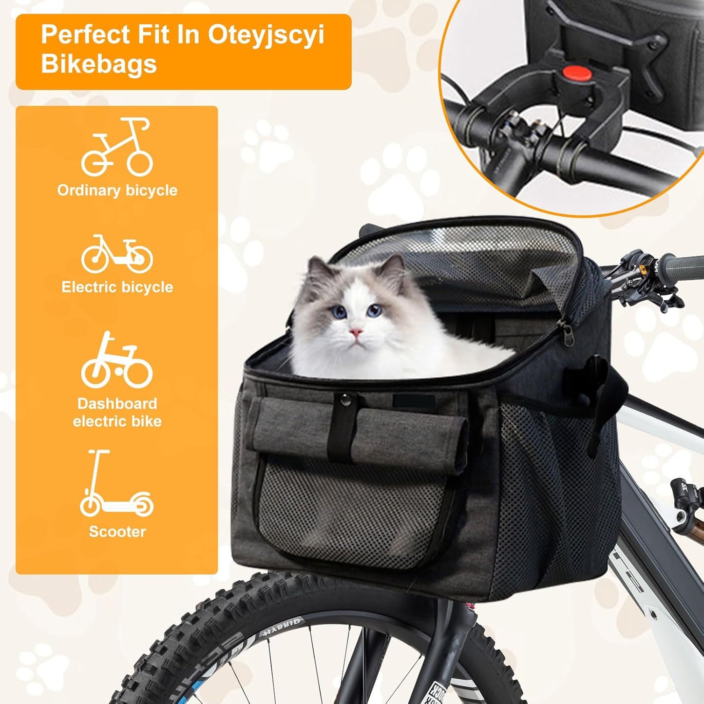 Dog Bike Basket Carrier, Foldable Soft-Sided Pet Carrier Backpack with Mesh Windows, Pet Travel Bag,Dog Backpack Carrier Safe and Easy for Small Medium Cats and Dogs (Grey)