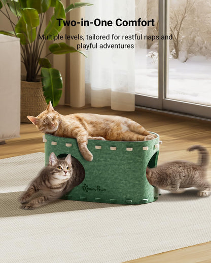 DownyPaws Cat House for Indoor Cats, Cat Bed Cave for Multiple & Large Cats Up to 22 Lbs, Scratch Resistant Peekaboo Cat Caves, Foldable Tunnel Enclosed Bed, PeekaPurr, Forest