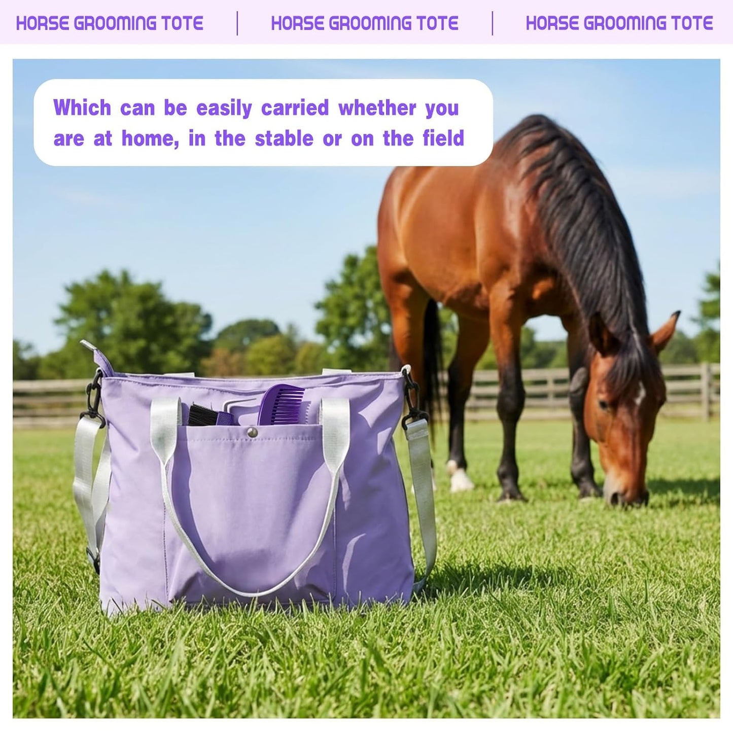 Abbylike 15 Pieces Horse Grooming Kit with Organizer Tote Bag Tack Room Supplies Horse Brush Sets Care Equine Cleaning Kit Shedding Grooming Massaging Tools(Purple and Grey)