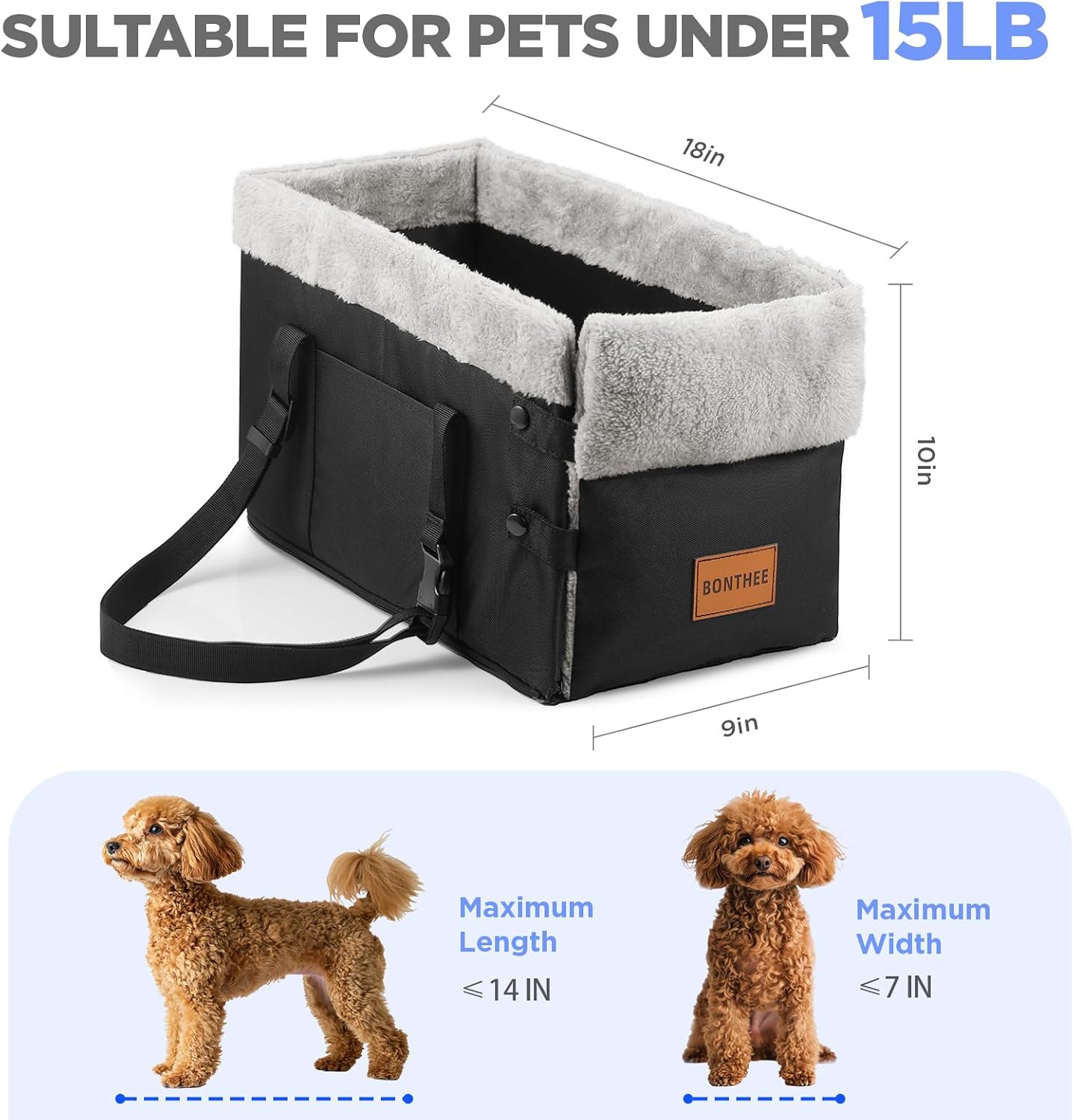 Center Console Dog Car Seat for Small Dogs,Washable Foldable Console Booster Seat for Puppy Car Seat with Safe Protection Hooks Adjustable Straps and Storage Pocket Pet Up to15lbs