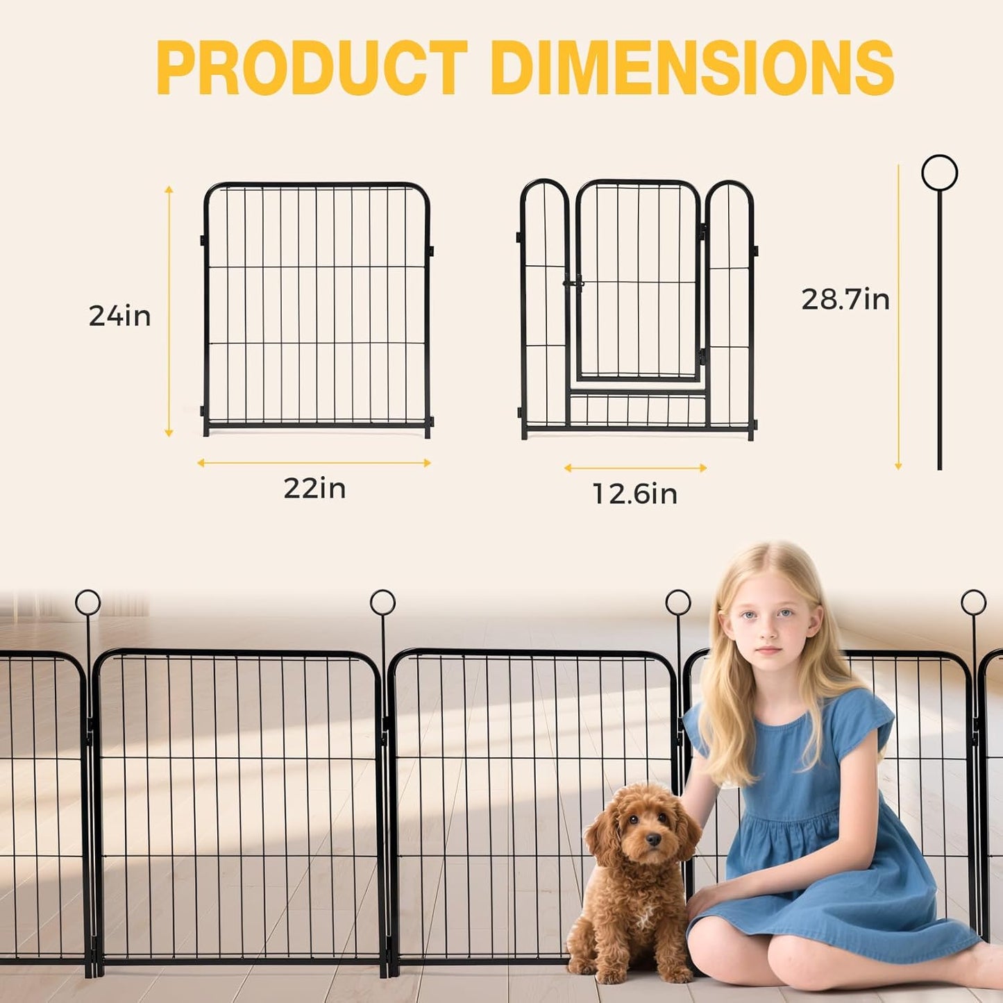 Lekesky Dog Play Pen for Indoors, 8 Panels 24 ’’ H Dog Pens Indoor with Bottom Pad, Heavy Metal Duty Foldable Pet Puppy Exercise Fence Crate Kennel, Pet Fence for Medium/Small Dogs (Black)