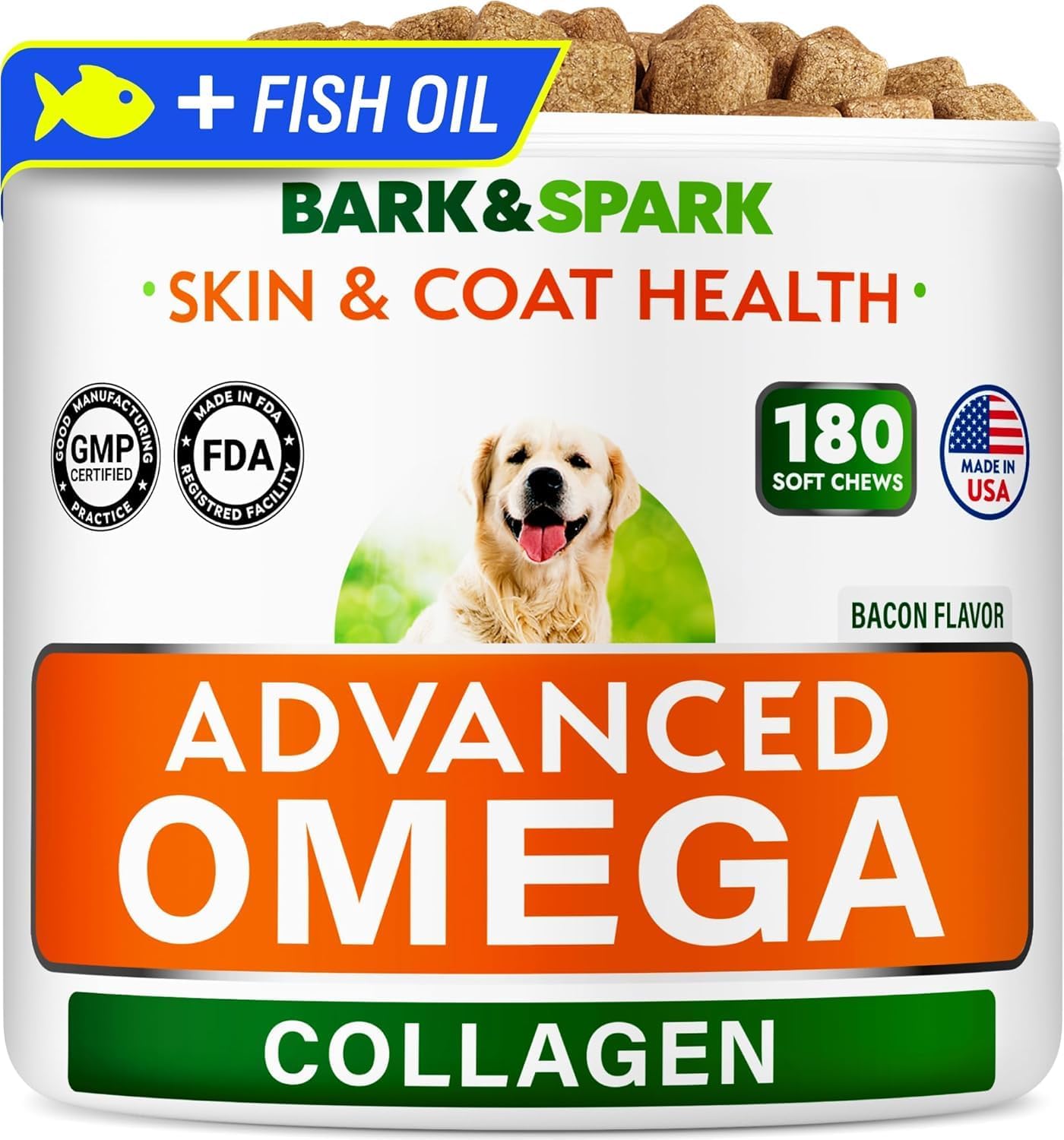 BARK&SPARK Advanced Omega-3 Collagen for Dogs - 180 Salmon & Fish Oil Treats for Dog Shedding, Skin Allergy Chews, Itch Relief, Hot Spots Treatment - Joints, Skin & Coat Supplement,EPA&DHA Fatty Acids