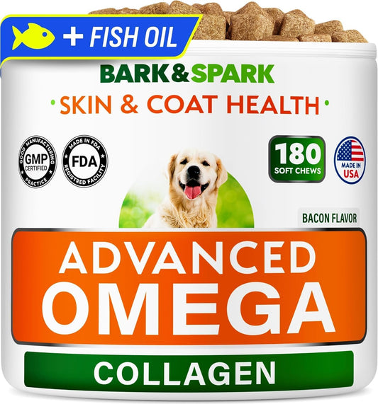 BARK&SPARK Advanced Omega-3 Collagen for Dogs - 180 Salmon & Fish Oil Treats for Dog Shedding, Skin Allergy Chews, Itch Relief, Hot Spots Treatment - Joints, Skin & Coat Supplement,EPA&DHA Fatty Acids