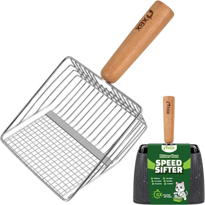XBX Cat Litter Scoop with Holder, Heavy Duty Litter Sifter, Stainless Steel Litter Shovel, Litter Scooper with Beech Wood Grip and Washable Stand, Perfect for Cat Litter Box Cleaning