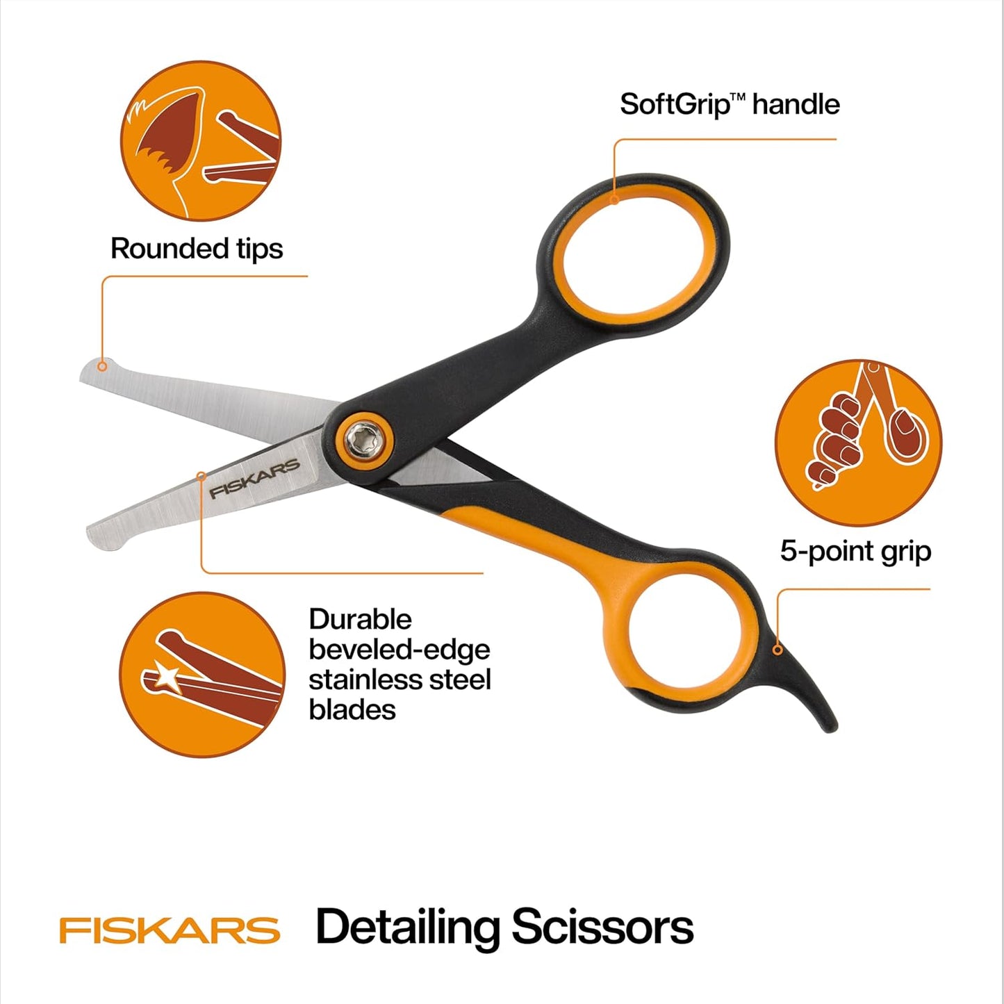 Fiskars Pet Detailing Scissors, Dog & Cat Grooming Scissors, Rounded Tips & SoftGrip Handle for Delicate Areas, Cat and Dog Supplies, 5.5”, Orange/Black