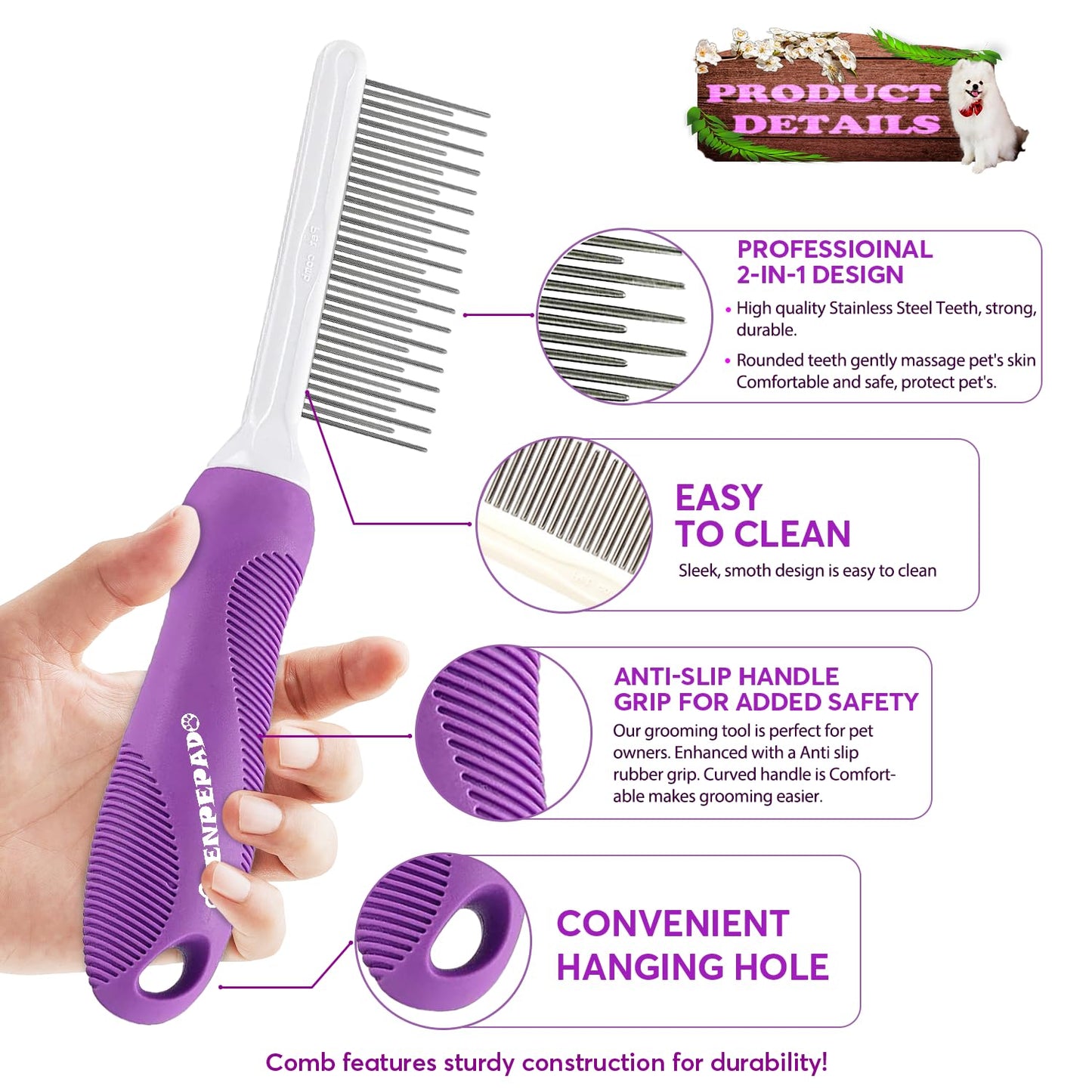 Grooming Comb for Dogs and Cats with Matted Hair, Detangling Pet Comb with Long and Short Stainless Steel Metal Fine Teeth for Removing Mats, Tangles, Knots & Loose Fur from The Undercoat