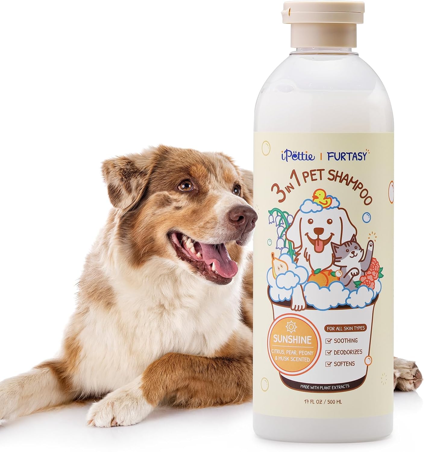 iPettie Furtasy Pet Shampoo, 3-in-1 Formula with Aloe, Herbal Extracts, Soothing, Deodorizing, Softening, Alcohol-Free, Sunshine Scent, 500ml, 16 Packs