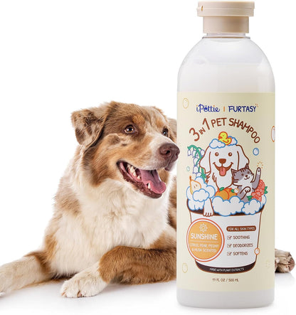 iPettie Furtasy Pet Shampoo, 3-in-1 Formula with Aloe, Herbal Extracts, Soothing, Deodorizing, Softening, Alcohol-Free, Sunshine Scent, 500ml, 16 Packs