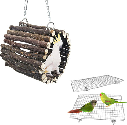 BNOSDM Wooden Bird Tunnel Parrot Swing Toys Natural Hanging Nest and 2 Pack Bird Perch Platform Stainless Steel Parrot Perches for Parakeets, Budgies, Conures, Cockatiels, Lovebirds