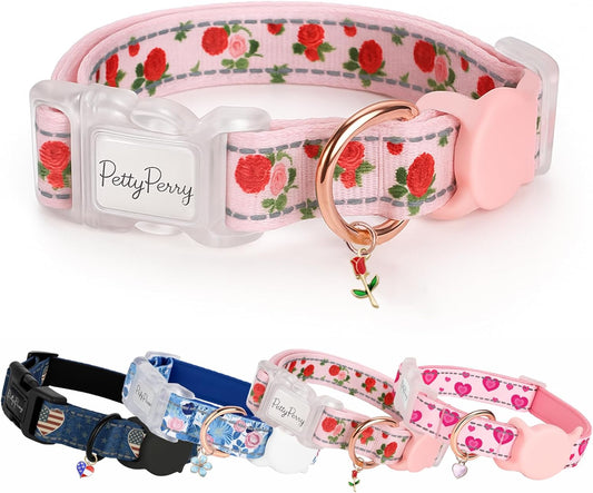 Waterproof AirTag Holder Dog Collar for Small Medium Large Dogs, Adjustable Pink Rose Reflective Dog Collar with Quick Release Buckle, Durable & Stylish, Size S
