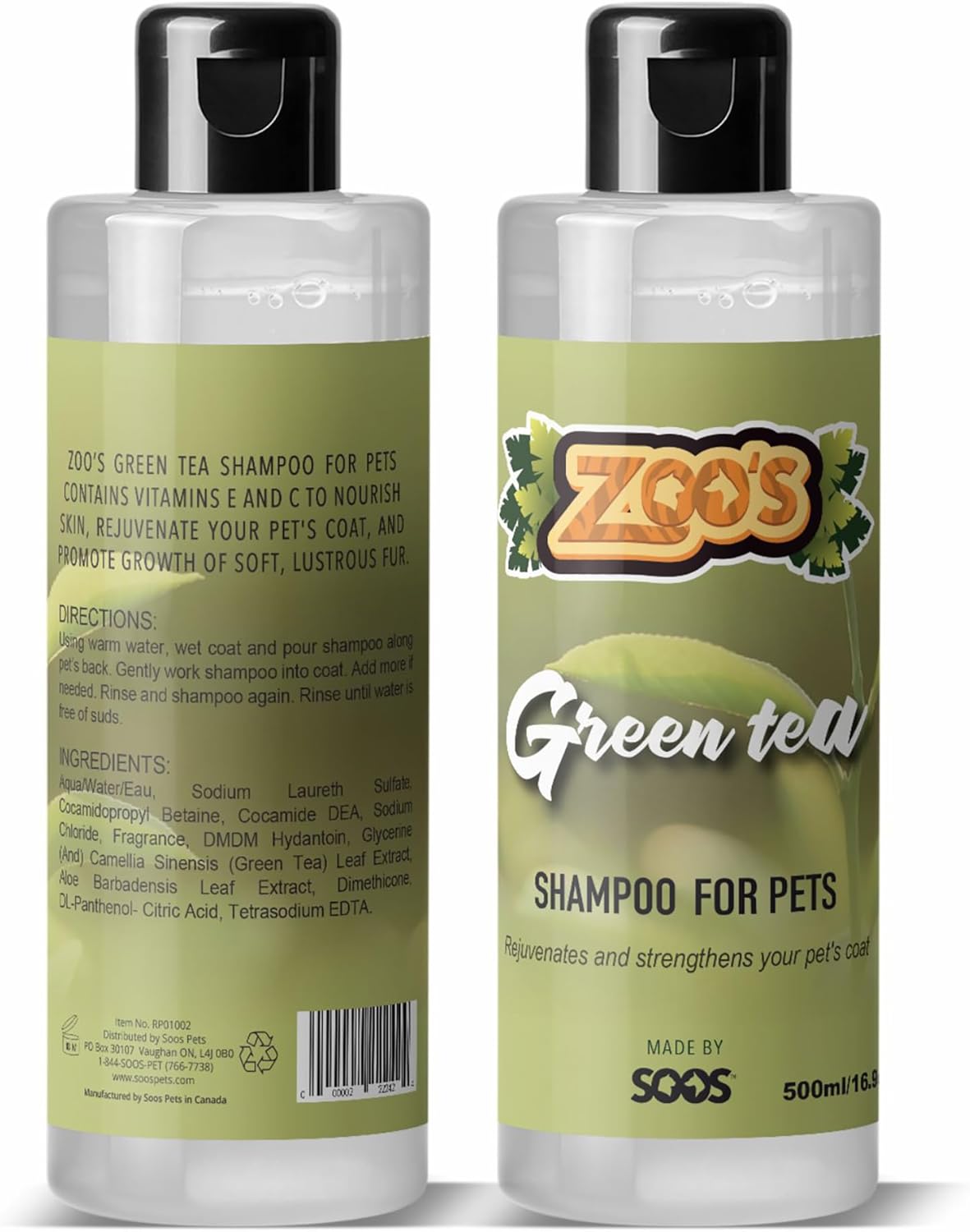 Zoo’s Pet Dog Shampoo Green Tea for Cats and Pets Vitamins E and C Nourish Skin, Promote Growth of Soft Lustrous Fur - 500ml
